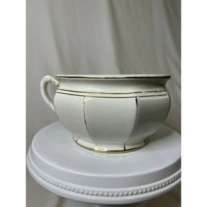 Antique Chamber Pot 9” Across Single Handle Cream w/Gold Accents
